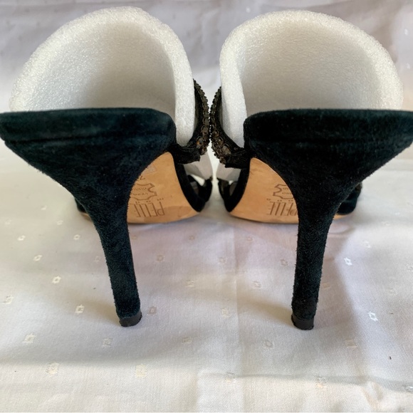 Black Suede Dressy Formal Sexy High Heel Leather Sandals Rhinestone Size 7.5 EUC - Picture 4 of 6